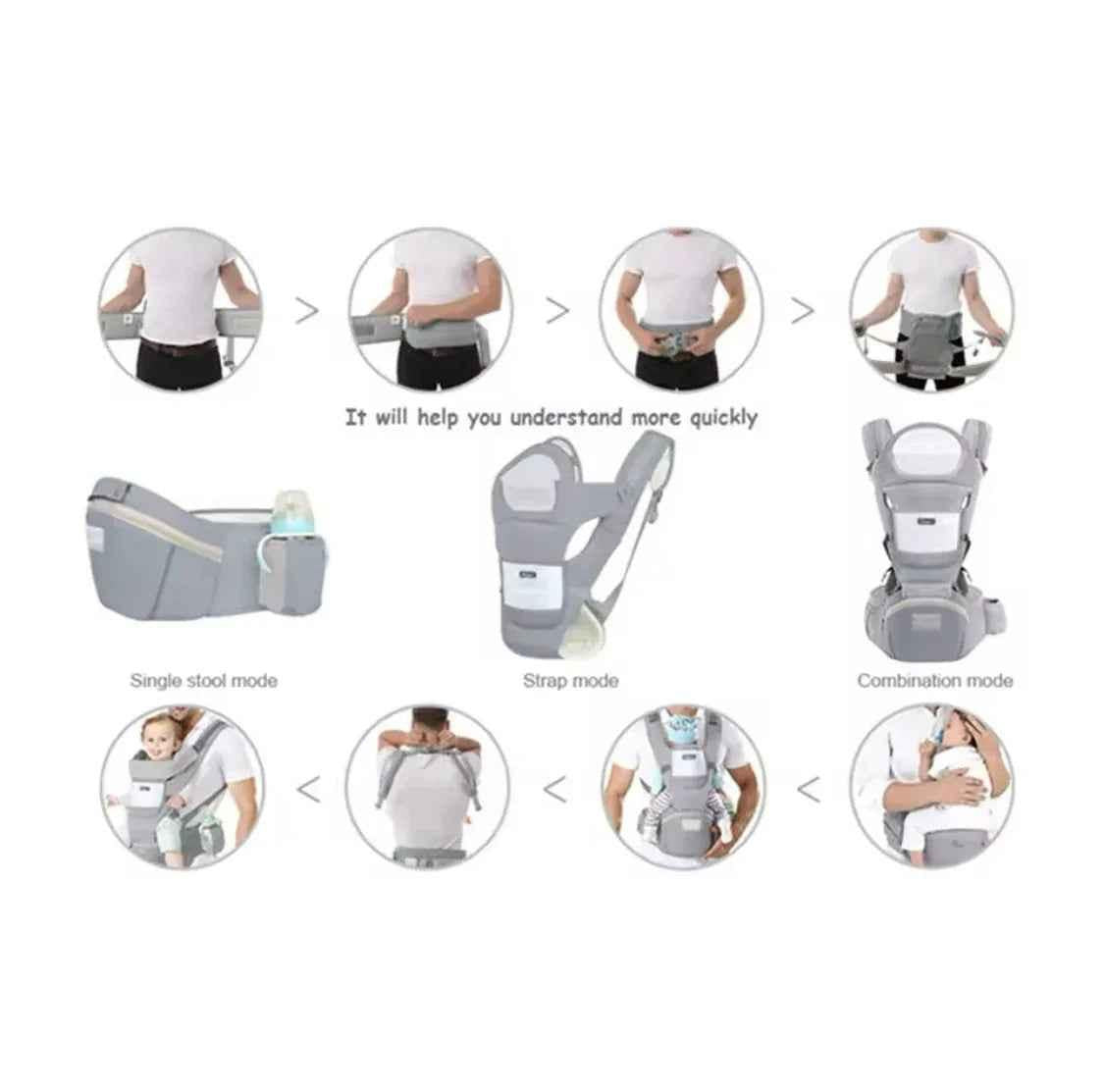 Black Baby Way NZ ergonomic multi-function baby carrier with hip seat for infants and toddlers up to 36 months, soft-structured design.