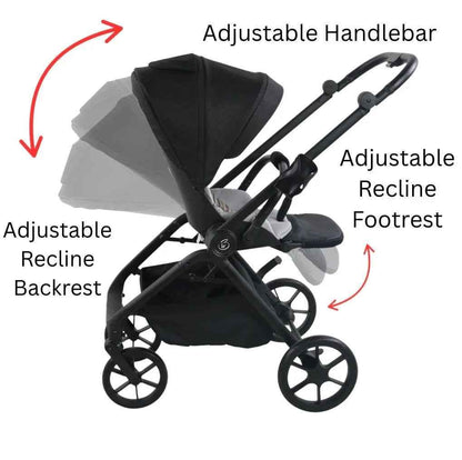 Baby Way NZ Crown Y luxury reversible open bassinet stroller with sunshade and extended canopy, showcasing the sleek design and features.
