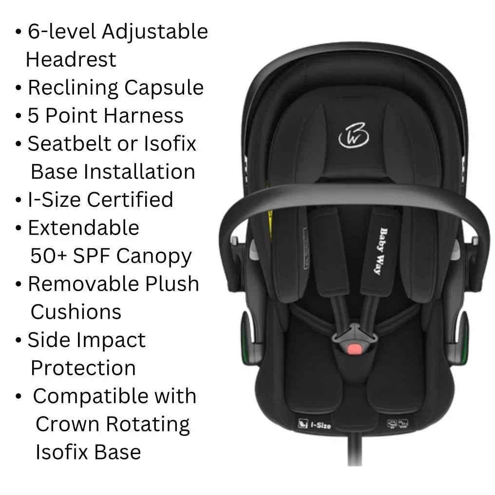 Baby Way NZ Crown Y Luxury Travel System with reversible stroller and reclining i-Size capsule for convenient baby travel.
