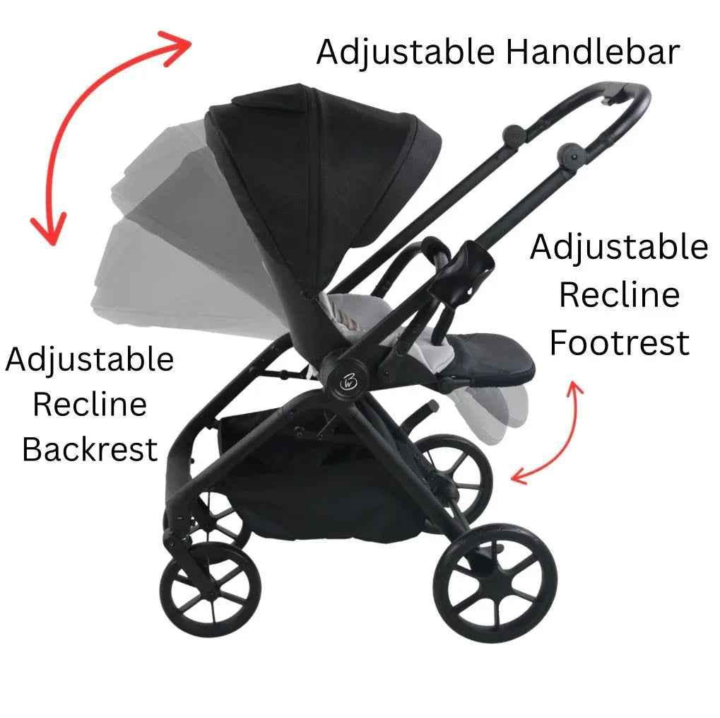 Baby Way NZ Crown Y luxury travel system with reversible stroller and reclining i-Size capsule for safe, comfortable baby travel.