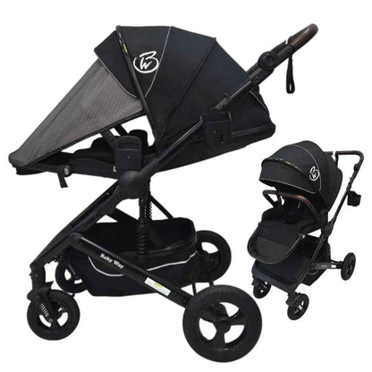 Baby Way NZ Versa 2in1 open bassinet stroller with sunshade and cup holder, showing the stroller with adjustable canopy and comfortable seat.