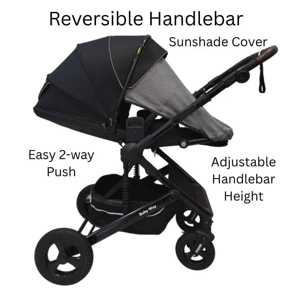 Baby Way NZ Versa 2-in-1 open bassinet stroller with sunshade and cup holder, showing the stroller with bassinet and accessories.