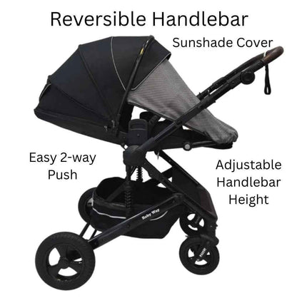 Baby Way NZ Versa 2-in-1 open bassinet stroller with sunshade and cup holder, showing the stroller with bassinet and accessories.