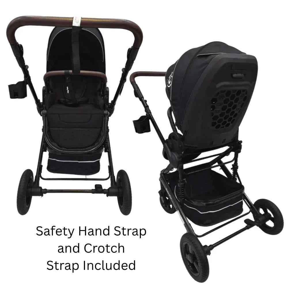 Baby Way NZ Versa 2-in-1 open bassinet stroller with sunshade and cup holder, showing the stroller with bassinet and accessories.