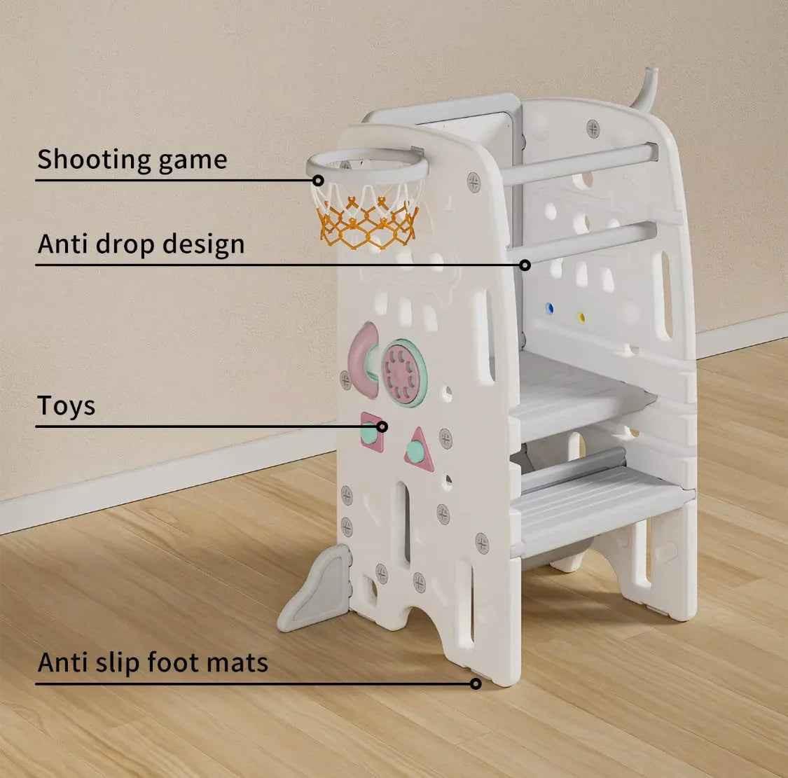Baby Way NZ toddler learning tower step stool with activity centre, featuring a sturdy design and engaging play elements for kids.