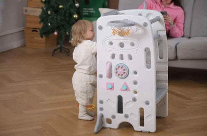 Baby Way NZ toddler learning tower step stool with activity centre, featuring sturdy design for safe toddler height access and play.