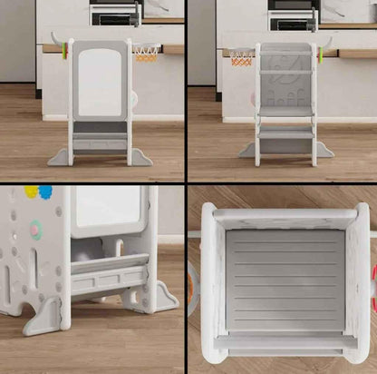 Baby Way NZ toddler learning tower step stool with activity centre, featuring colorful design and sturdy construction for safe toddler use.