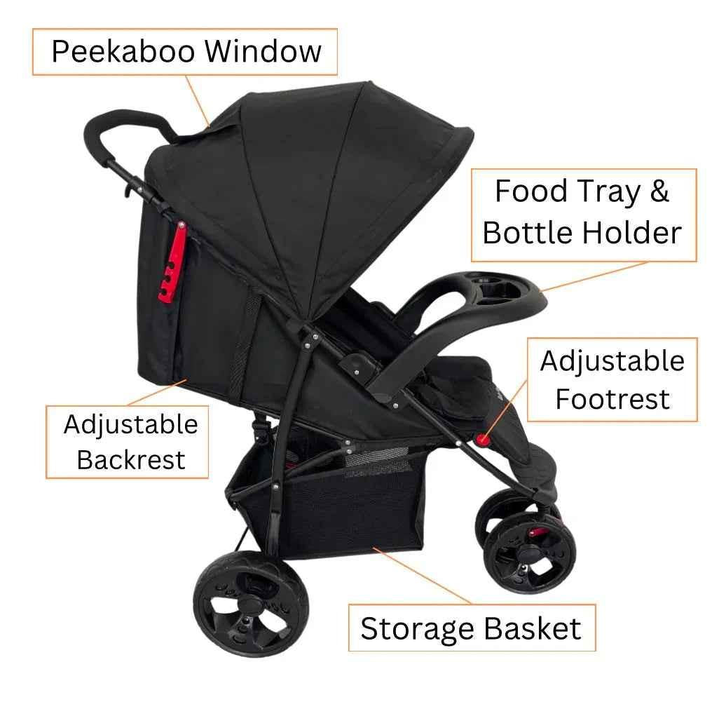 Baby Way NZ Explorer 3-Wheel Umbrella Stroller with food tray, lightweight frame, and adjustable canopy for easy strolling.