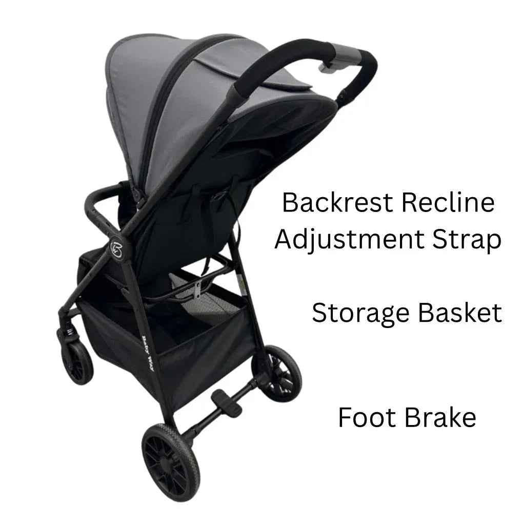Baby Way NZ Roam compact travel-friendly umbrella stroller with black extended canopy, lightweight and easy to fold.