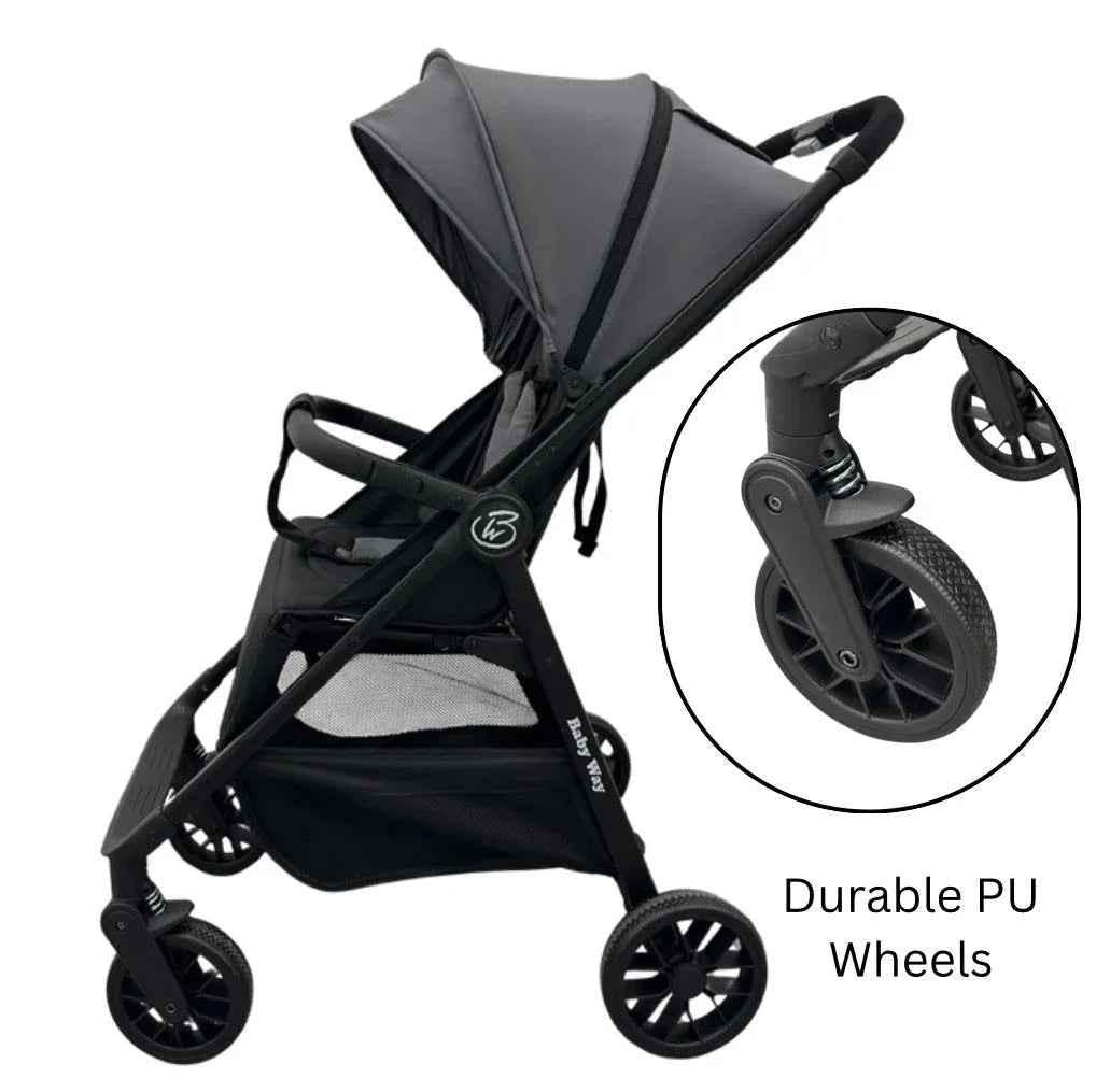 Baby Way NZ Roam compact travel-friendly umbrella stroller with extended canopy in black, lightweight and easy to carry.