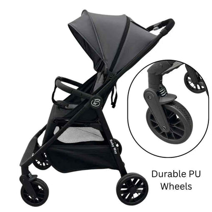 Baby Way NZ Roam compact travel-friendly umbrella stroller with extended canopy in black, lightweight and easy to carry.