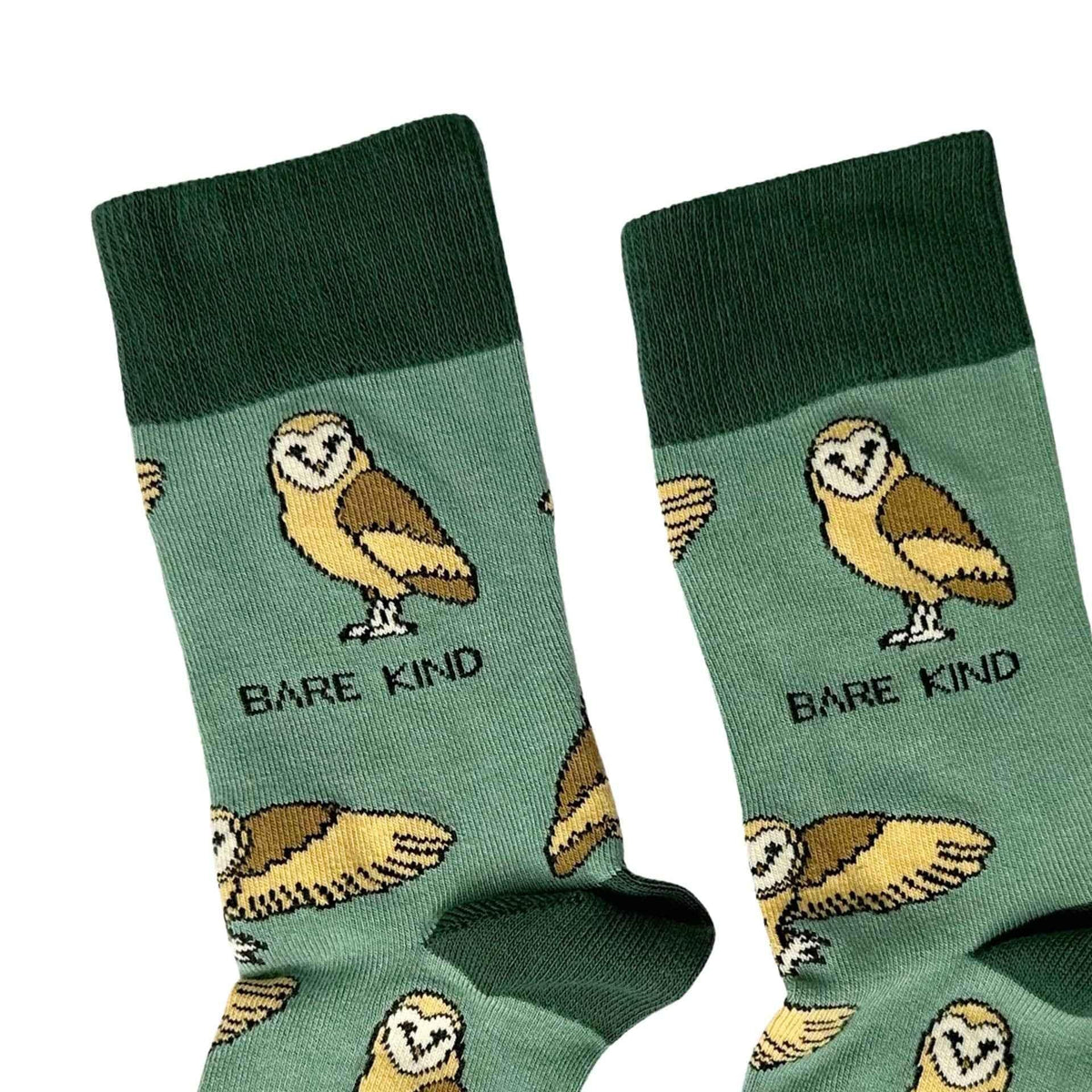Barekind NZ bamboo socks featuring barn owl design, adult size 4-7, eco-friendly socks with owl print for nature lovers.