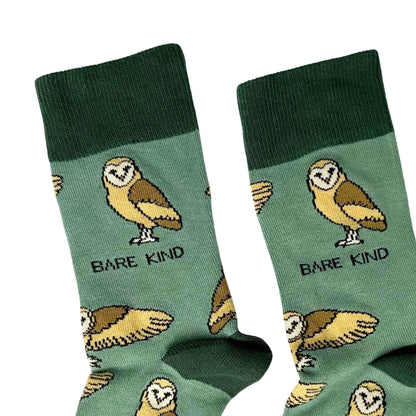 Barekind NZ bamboo socks featuring barn owl design, adult size 4-7, eco-friendly socks with owl print for nature lovers.