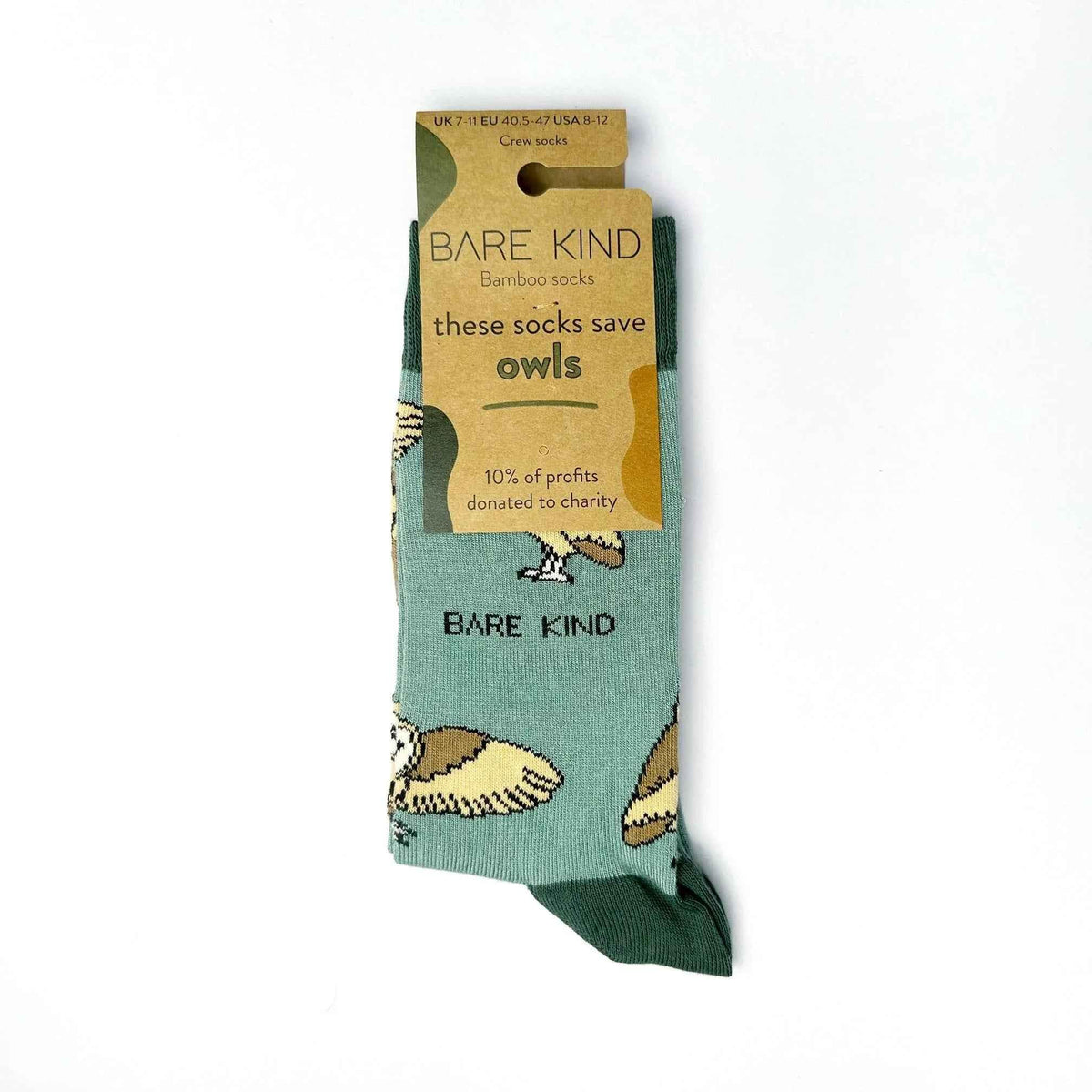 Barekind NZ bamboo socks featuring barn owl design, adult size 4-7, eco-friendly socks made from sustainable bamboo material.