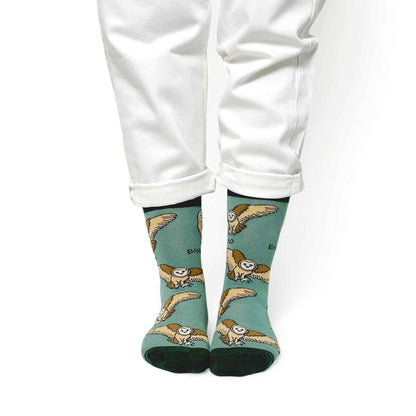 Barekind NZ bamboo socks featuring barn owl design, adult size 4-7, comfortable and eco-friendly socks.