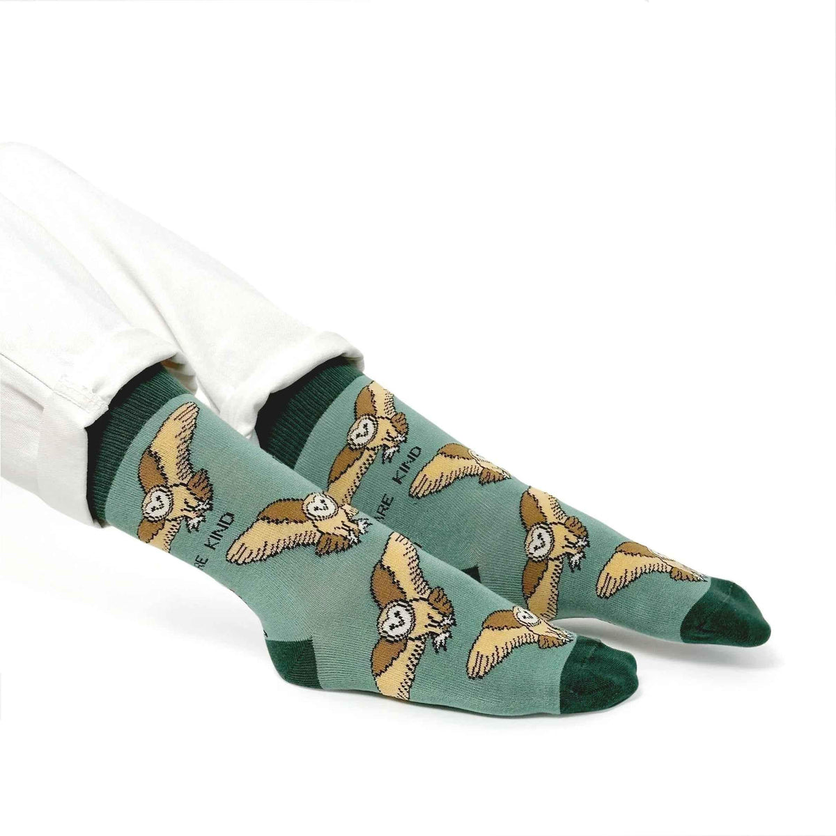 Barekind NZ bamboo socks featuring barn owl design, adult size 4-7, eco-friendly socks for wildlife conservation enthusiasts.