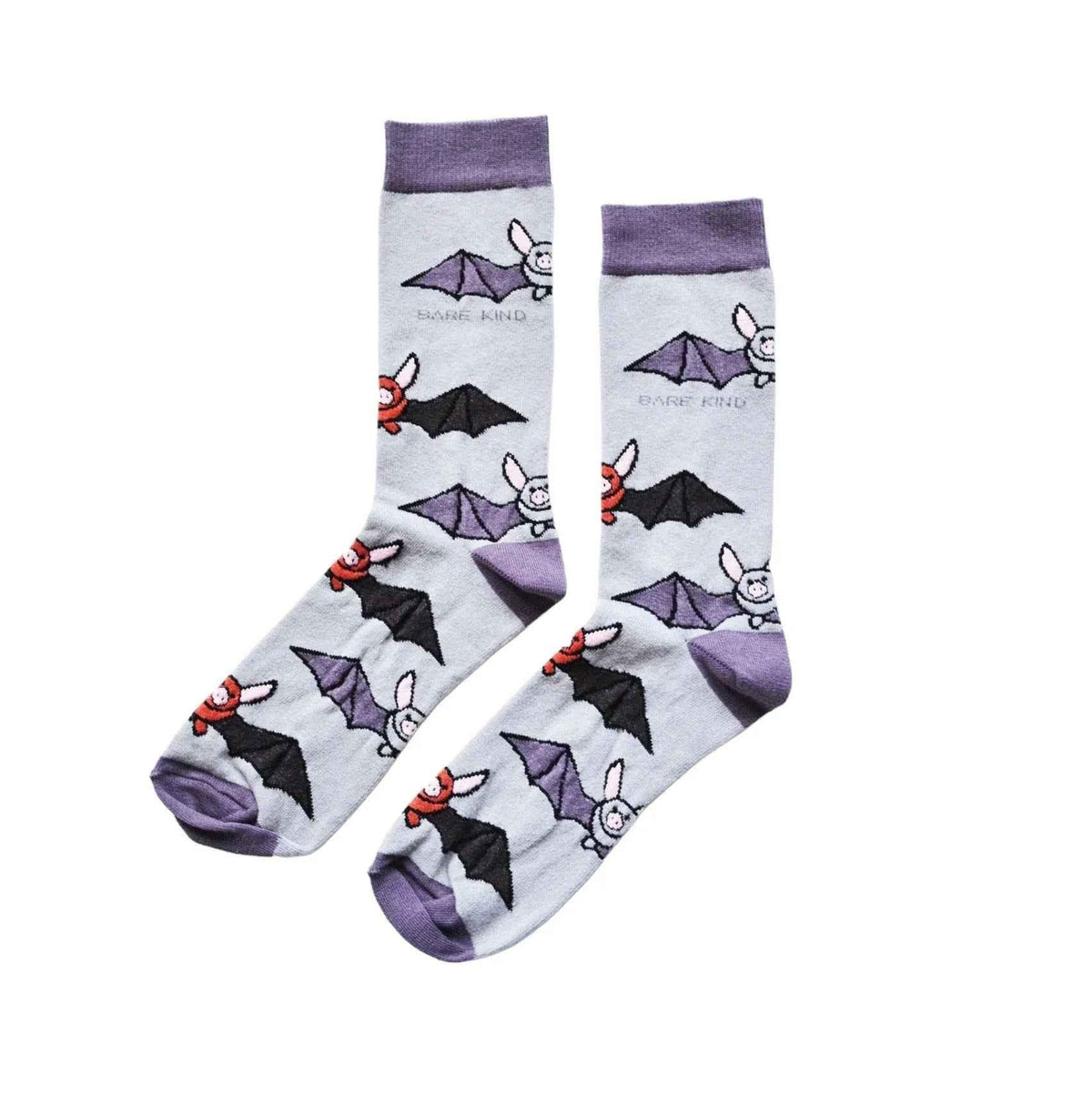 Barekind NZ Save the Bats bamboo socks for adults featuring bat illustrations, made with soft, eco-friendly bamboo fabric.