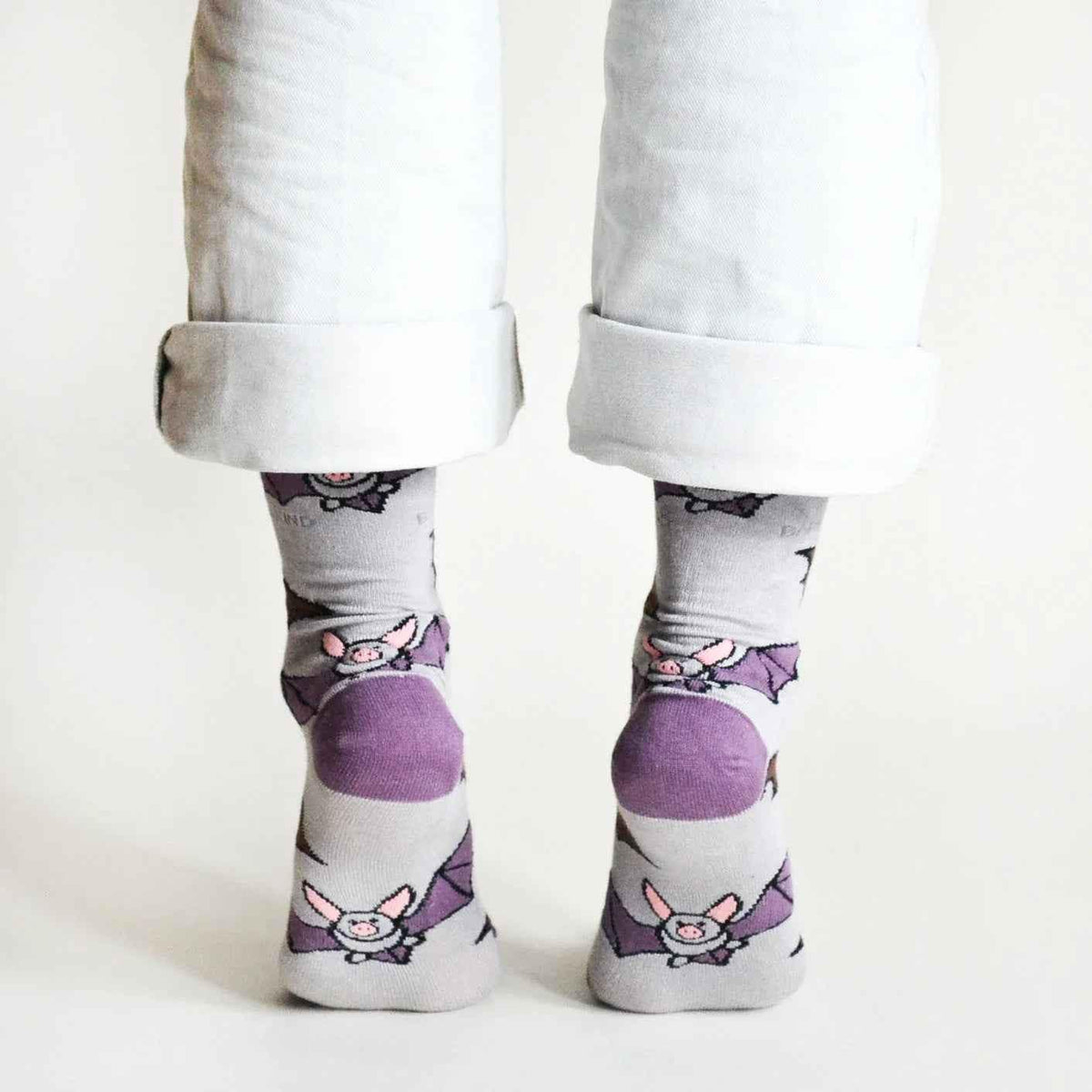 Barekind NZ Save the Bats bamboo socks for adults, featuring a bamboo fabric design with bat illustrations.