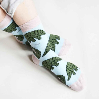 Barekind NZ bamboo socks featuring a Save the Pangolins design, made for adult sizes 4-7, crafted from sustainable bamboo material.
