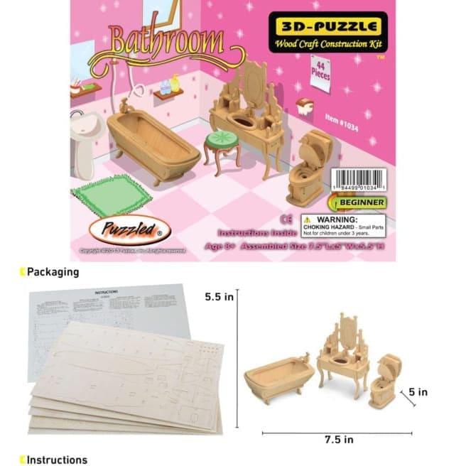 Colorful 3D bathroom puzzle by 9eight5 featuring detailed miniature bathroom fixtures and accessories.