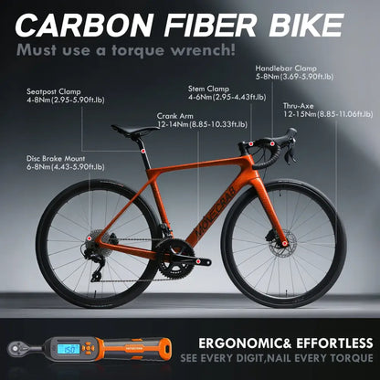 Habicare HBC 40-piece bike digital torque wrench set with 1/4 inch drive, including various torque tools for precise bike maintenance.