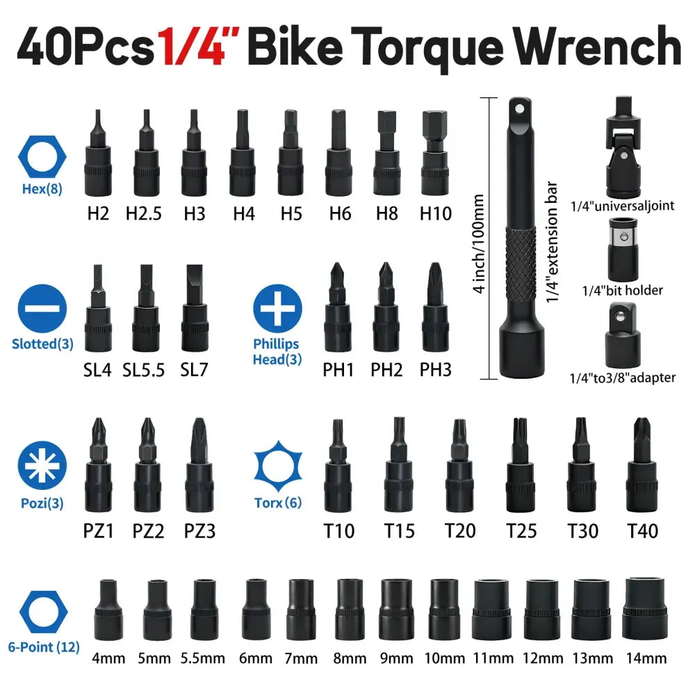 Habicare HBC 40-piece bike digital torque wrench set with 1/4-inch drive, includes various torque tools and accessories.