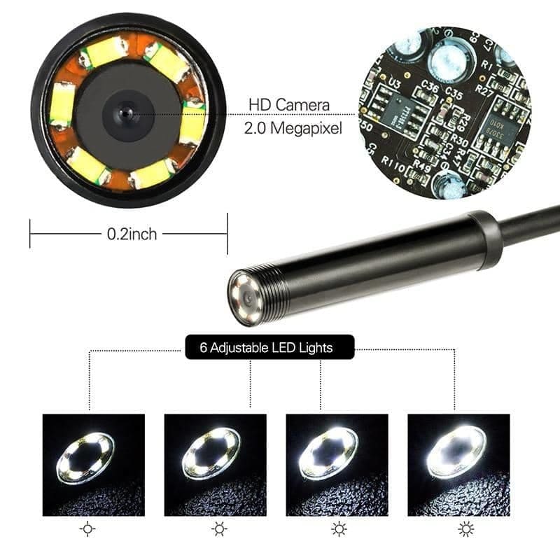 9eight5 borescope inspection camera with USB-C and Micro USB connectors, designed for use with phones and tablets.