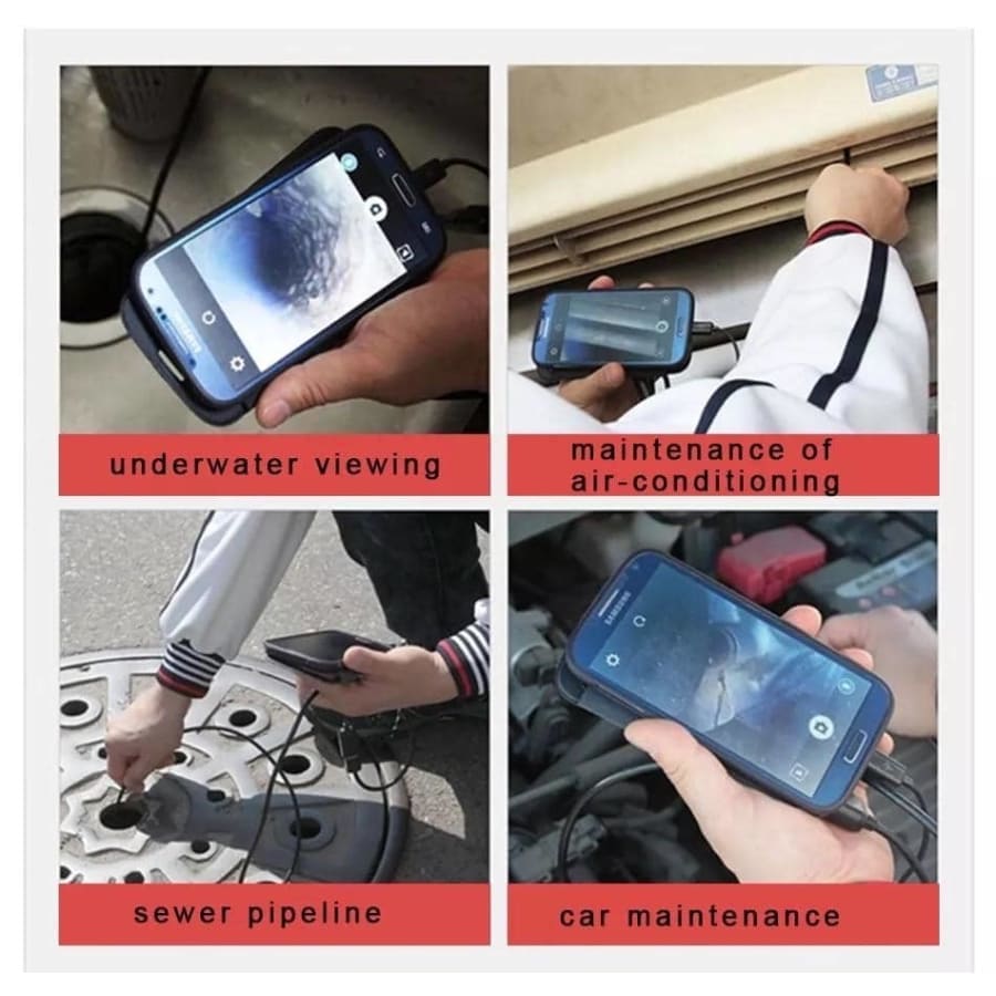 9eight5 borescope endoscope camera for phone and tablet inspections, with USB-C and Micro USB connectors on a sleek device.