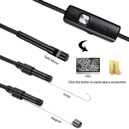 9eight5 borescope endoscope camera for phone and tablet inspections, with Type-C and Micro-USB connectors, compact and portable.
