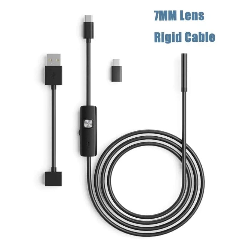 9eight5 borescope endoscope camera for phone and tablet inspections, 7mm diameter, USB-C and Micro-USB connection.