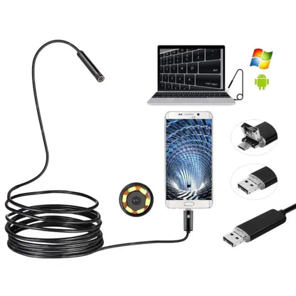 9eight5 borescope camera for inspections, compatible with Android phones and tablets, showing flexible endoscope with USB and Type-C connectors.