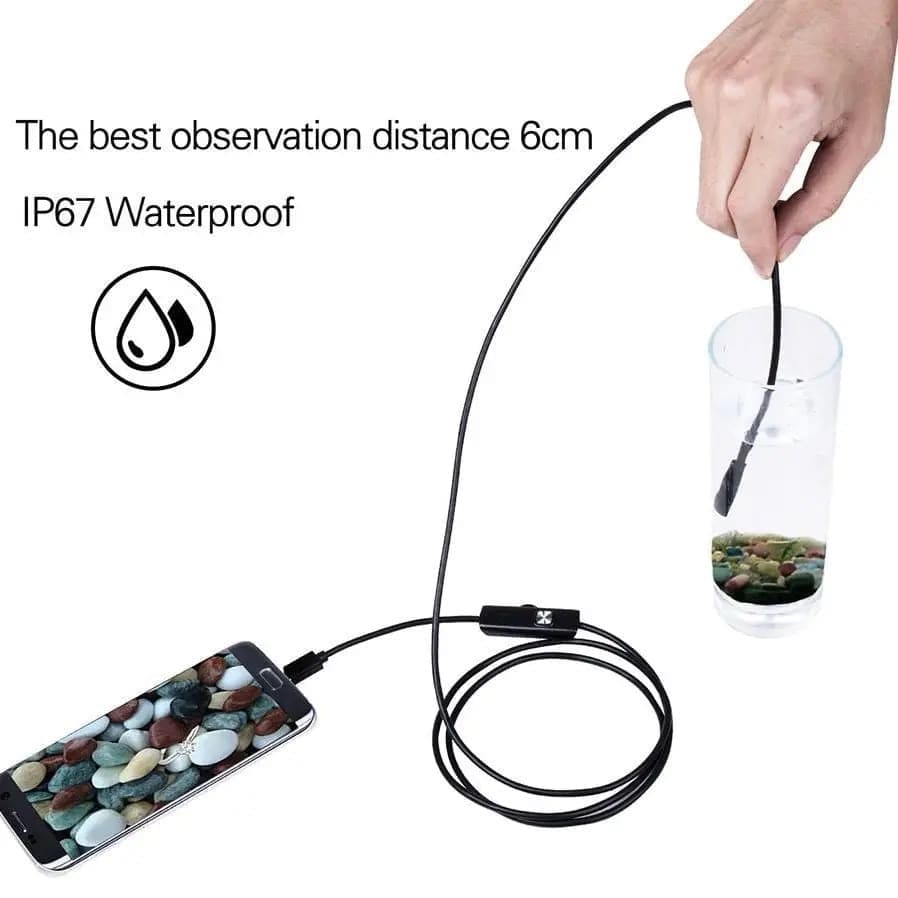 9eight5 borescope camera for inspections, compatible with Android phones and tablets, featuring Type-C and Micro USB ports.