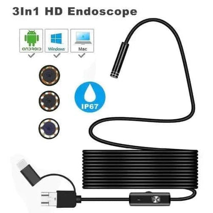 9eight5 borescope endoscope camera for inspections, compatible with Android phones, tablets, and computers via Type-C and Micro USB ports.