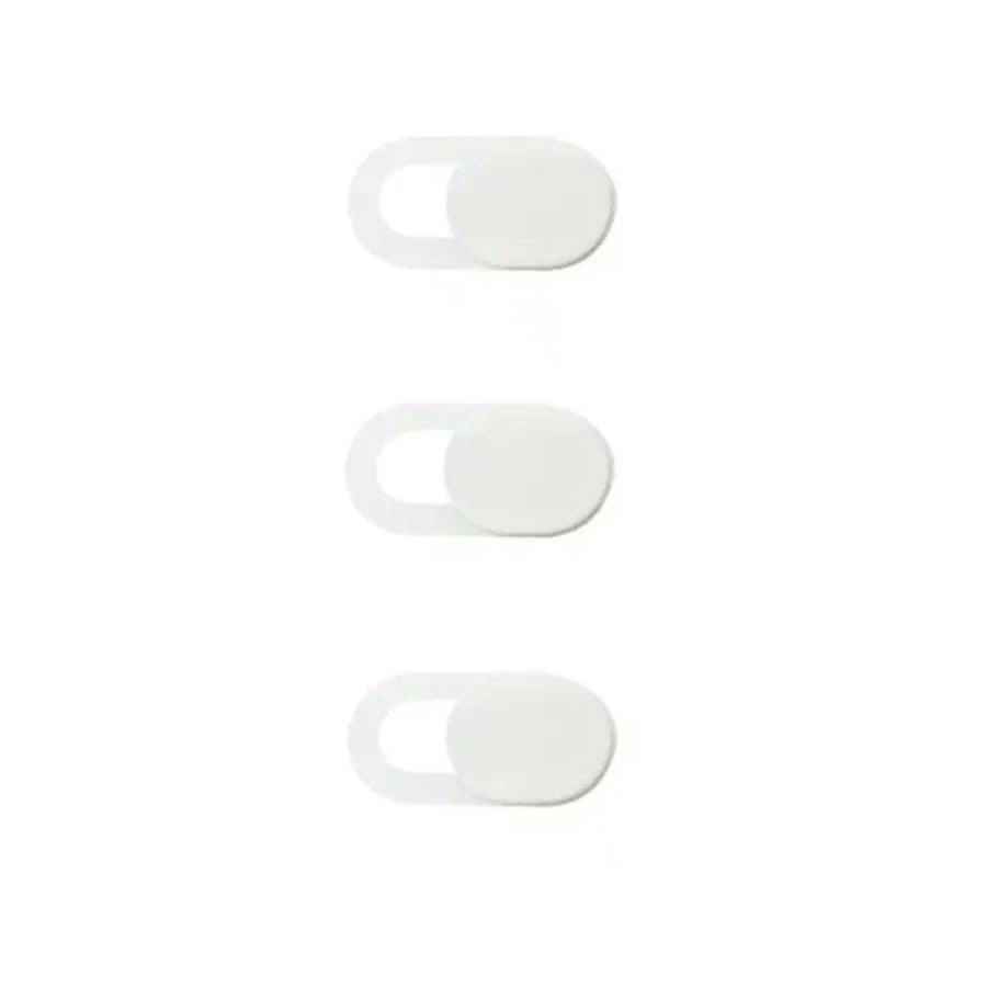 Set of three white 9eight5 camera lens cover screen protectors protecting camera lenses from scratches and dust.