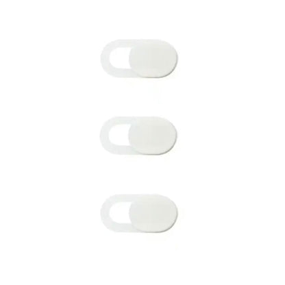 Set of three white 9eight5 camera lens cover screen protectors protecting camera lenses from scratches and dust.