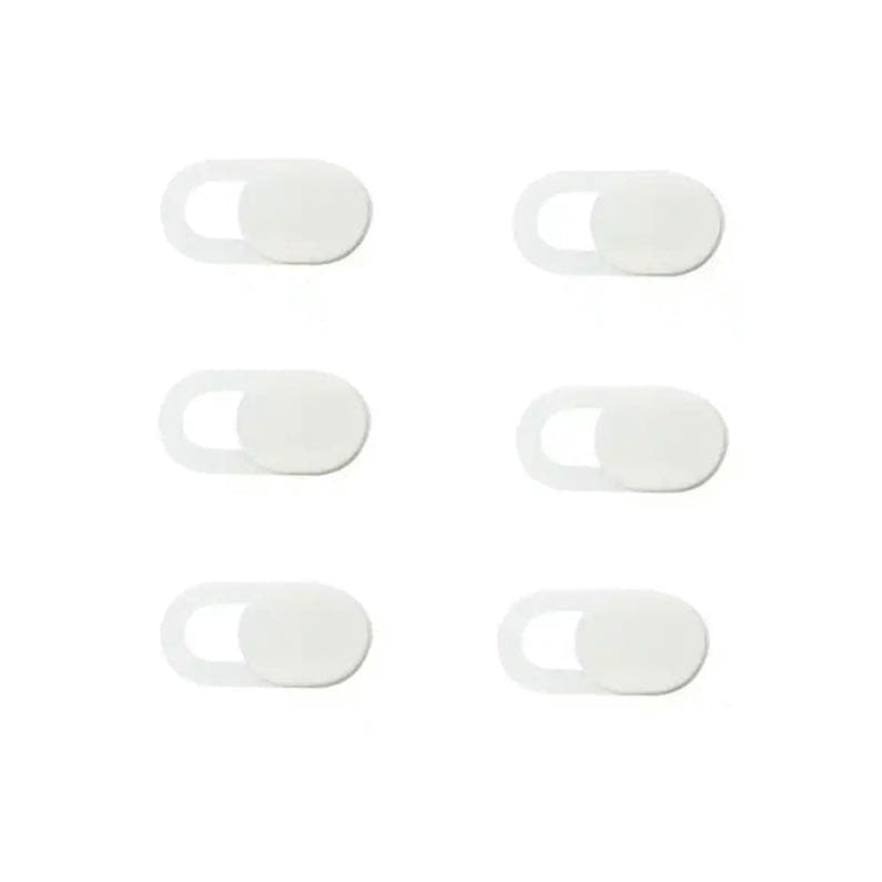 Set of six white 9eight5 camera lens cover screen protectors for camera lens protection, displayed on a plain background.