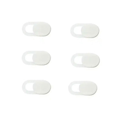 Set of six white 9eight5 camera lens cover screen protectors for camera lens protection, displayed on a plain background.