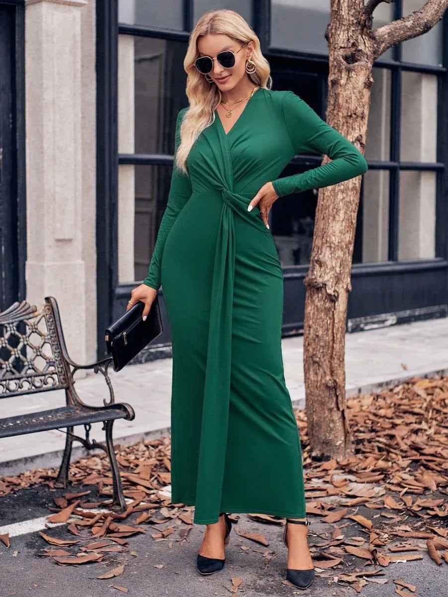 Women's Chic Solid V-Neck Waist Dress