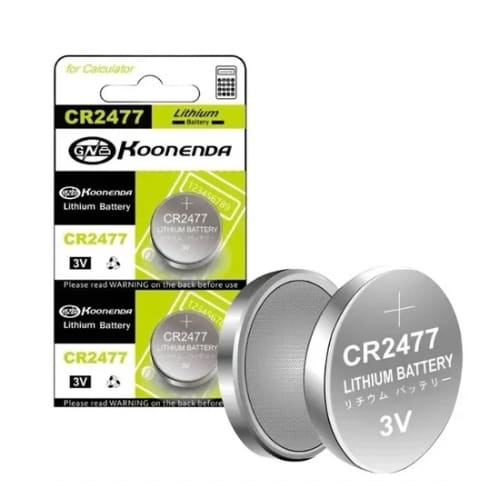 Two CR2477 lithium watch batteries from That Watch Shop, showing the compact coin cell batteries used in timepieces.