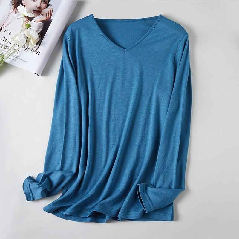 Women's V-Neck Merino Wool Thermal Base Layer - Slim Fit Long Sleeve | Winter Layering