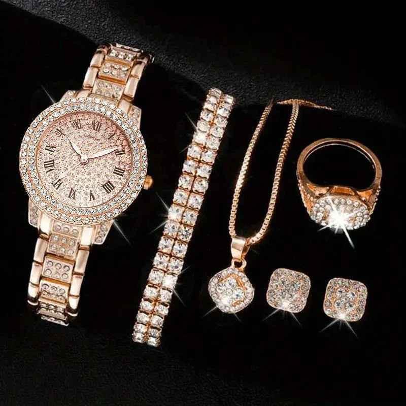 Luxury Women's Diamond Watch Set with Roman Numerals
