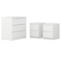 Sue-e Furniture Monaco bedroom set featuring two bedside tables and a three-drawer chest in a modern wood finish.