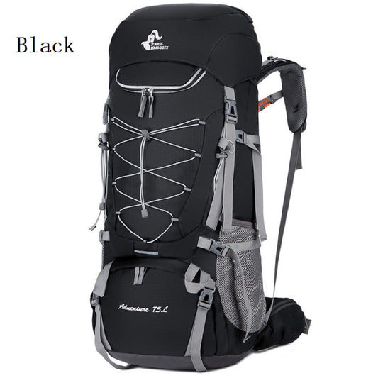 Blue ECOTREK 75L camping and hiking backpack with rain cover, designed for outdoor travel and mountaineering adventures.