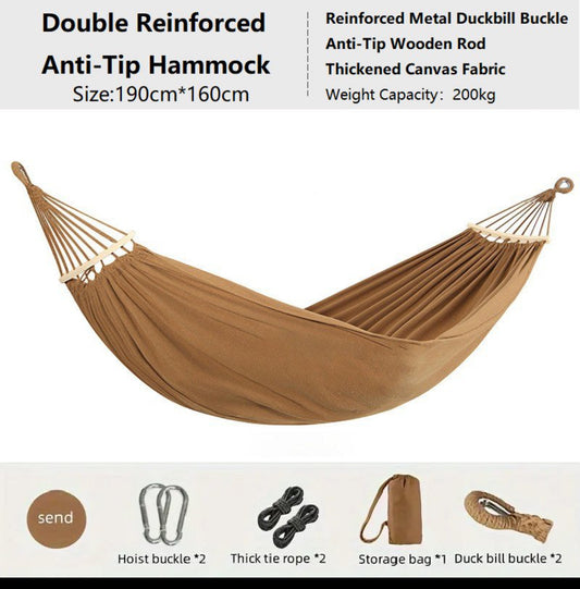 ECOTREK double reinforced anti-tip hammock in brown, showing sturdy construction and comfortable fabric for outdoor relaxation.