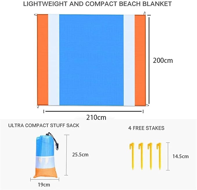 ECOTREK orange and blue sandproof, waterproof beach mat measuring 210x200 cm laid out on sandy surface.