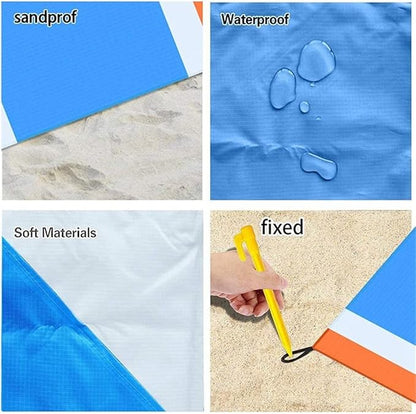 Orange and blue ECOTREK beach mat, 210x200 cm, sandproof and waterproof for comfortable outdoor lounging by the sea.