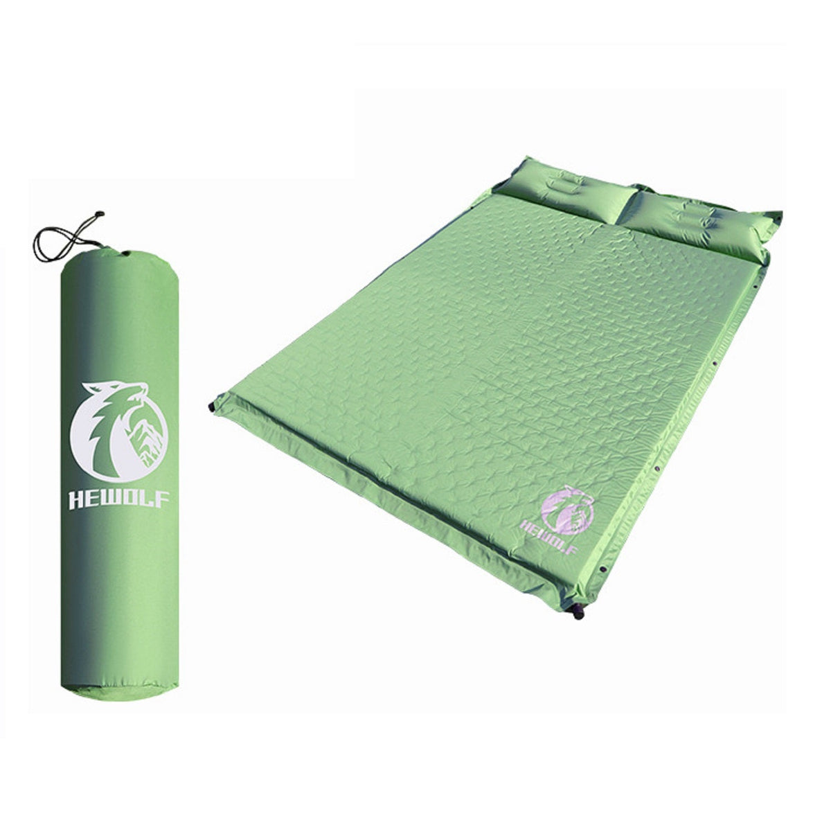 Green ECOTREK self-inflating air mattress designed for outdoor camping, showing the compact, single-sized camping mattress on a campsite.