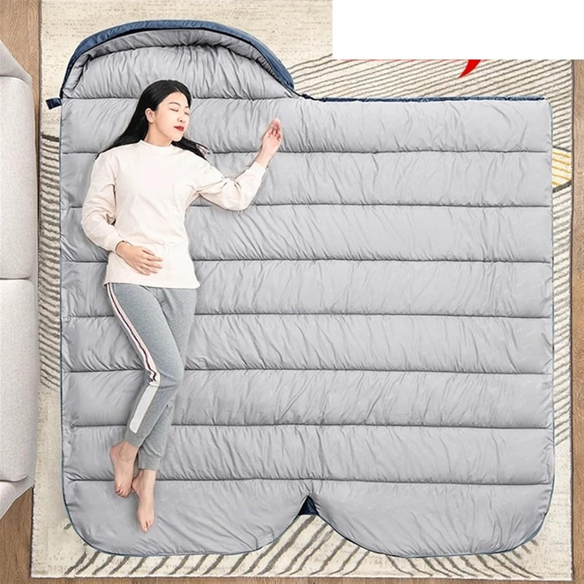 ECOTREK large rectangular sleeping bag, 230x100cm, ideal for camping, hiking, and outdoor picnics, shown folded open.