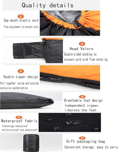 ECOTREK outdoor single duck down sleeping bag in orange and black, designed for camping and outdoor sleeping comfort