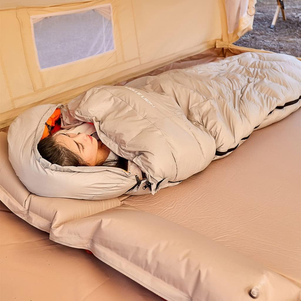 ECOTREK goose down envelope sleeping bag in silver, compact and lightweight for outdoor camping and backpacking.